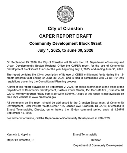 Cranston Community Development CAPER Report Open Comment Period